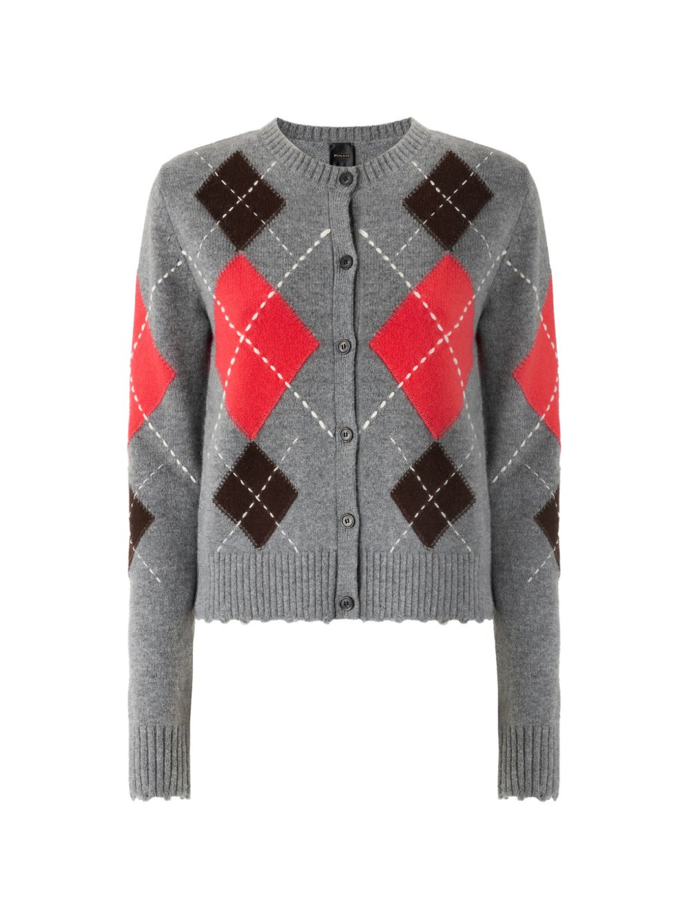 PINKO Cardigan Cardiff grigio a rombi rossi e marroni