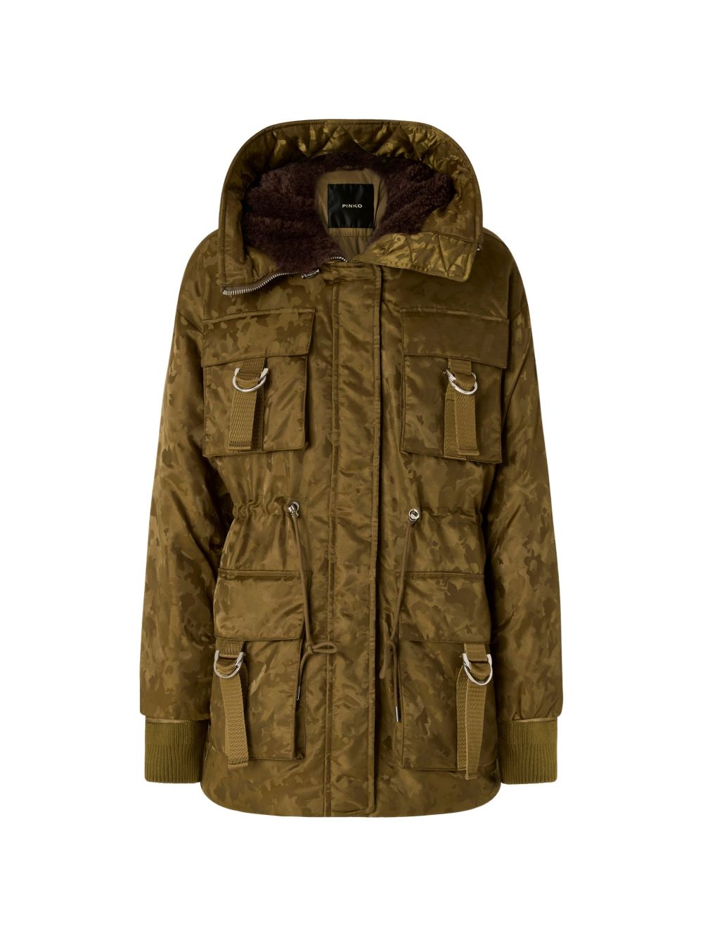 PINKO Piumino verde camouflage Passito con collo alto e tasche multiple