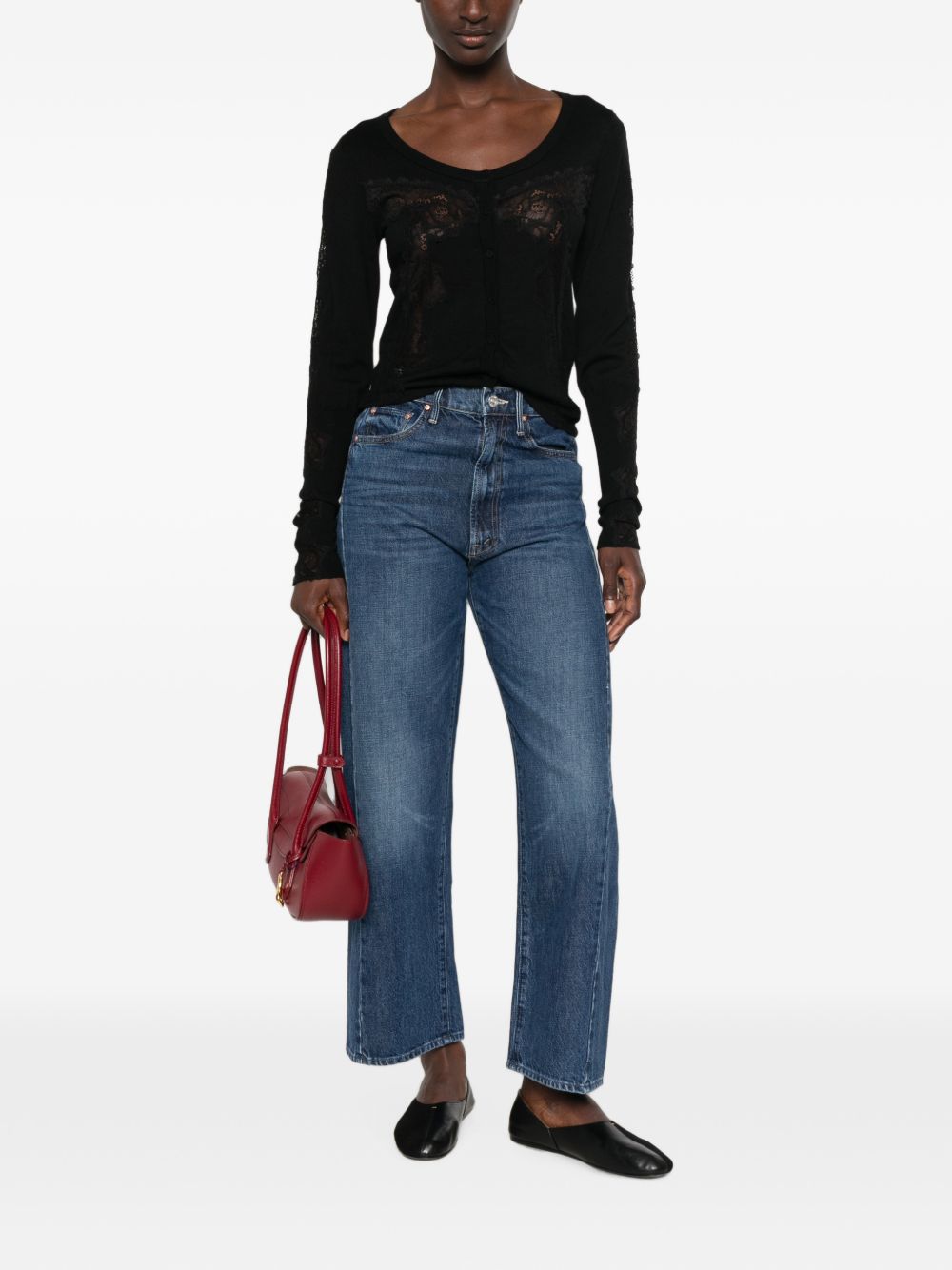PINKO Cardigan nero Urlo in lana con pizzo e scollo a barca