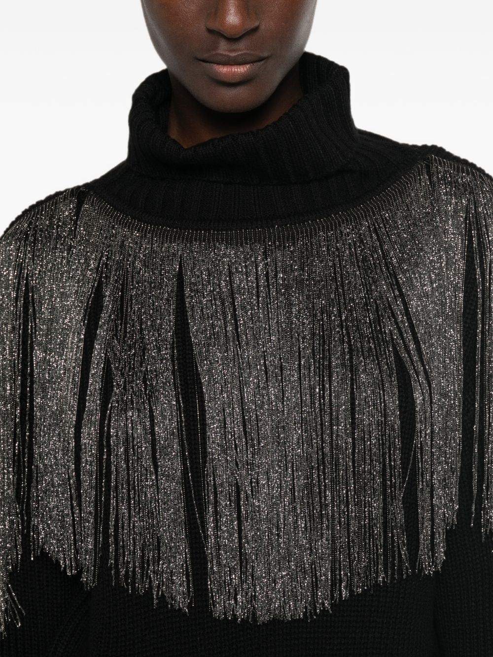PINKO Maglia nera a collo alto Camaro con frange in strass