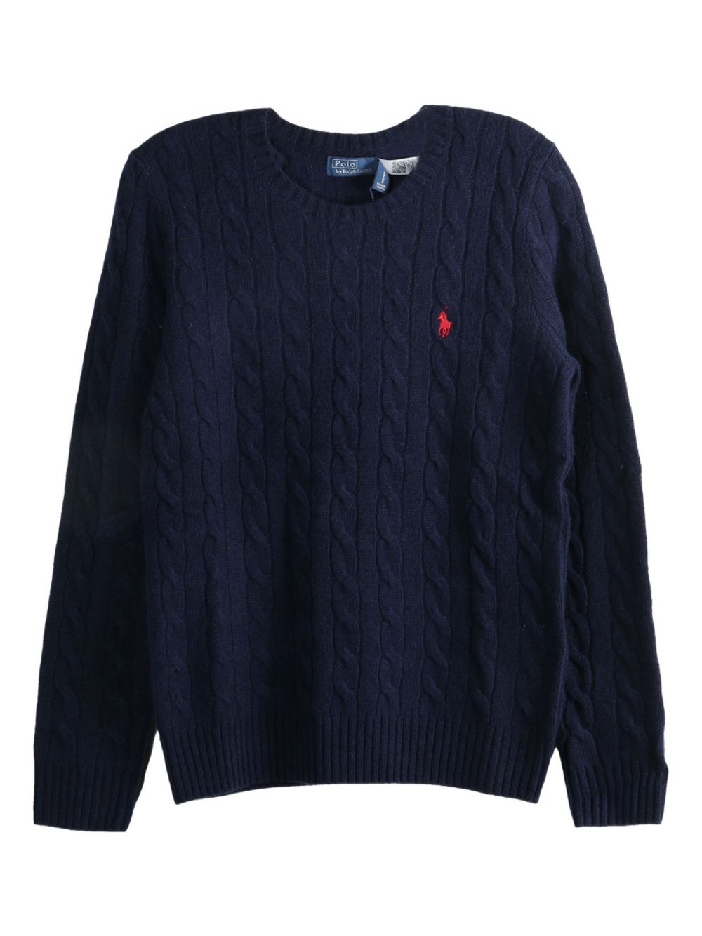 POLO RALPH LAUREN Maglia blu in lana girocollo con trama a trecce e logo ricamato