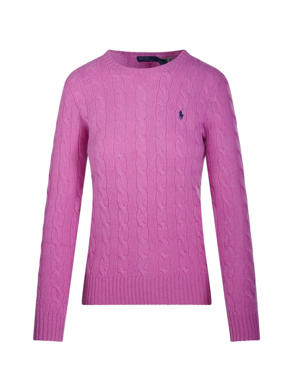 POLO RALPH LAUREN Maglia in lana viola girocollo con trama a trecce e logo ricamato