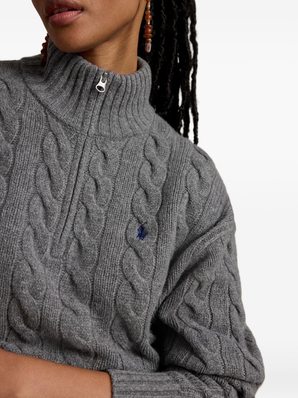 POLO RALPH LAUREN Cardigan corto grigio con zip e collo alto a trecce