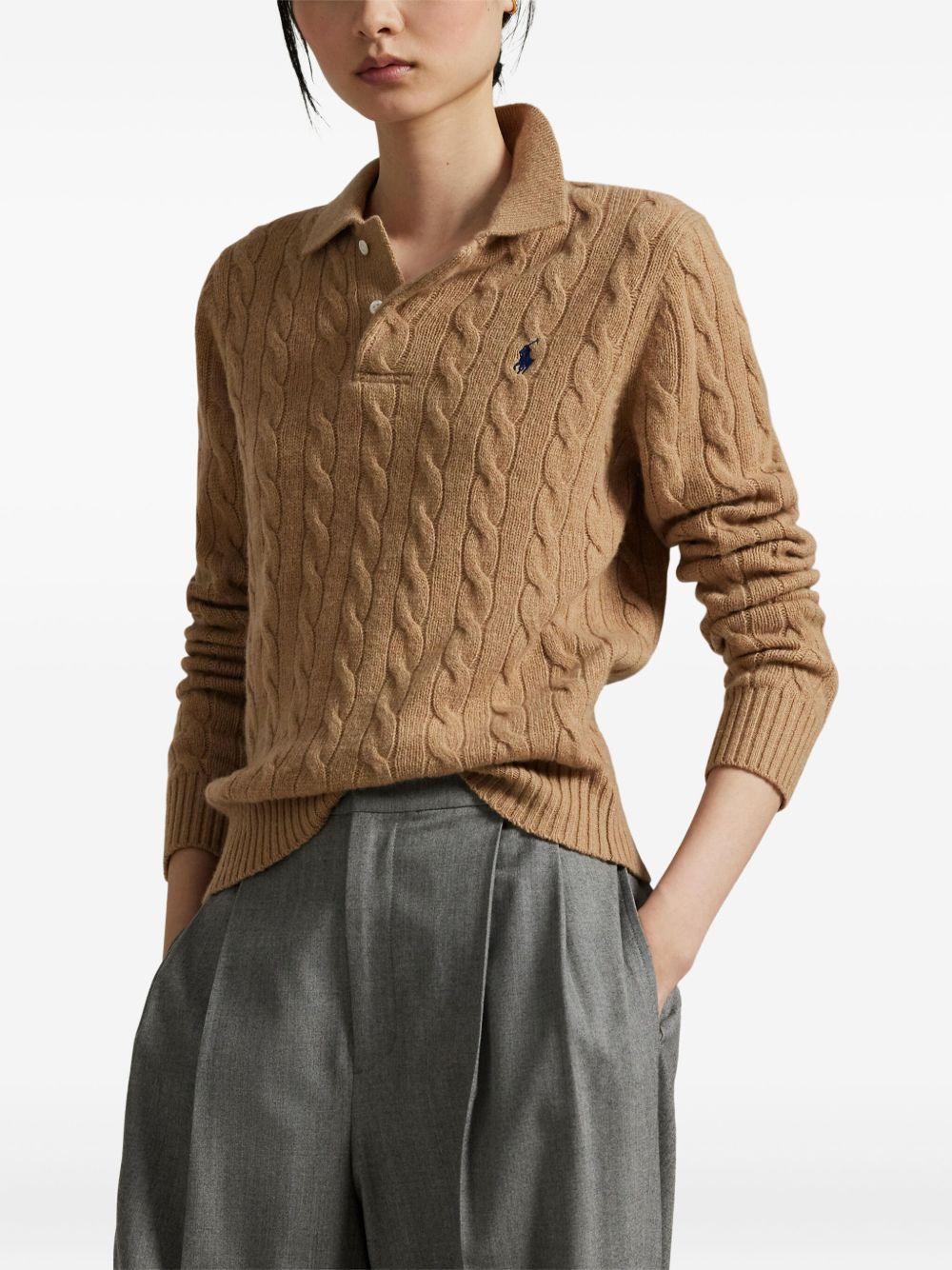 POLO RALPH LAUREN Maglia in lana marrone con colletto e trama a trecce
