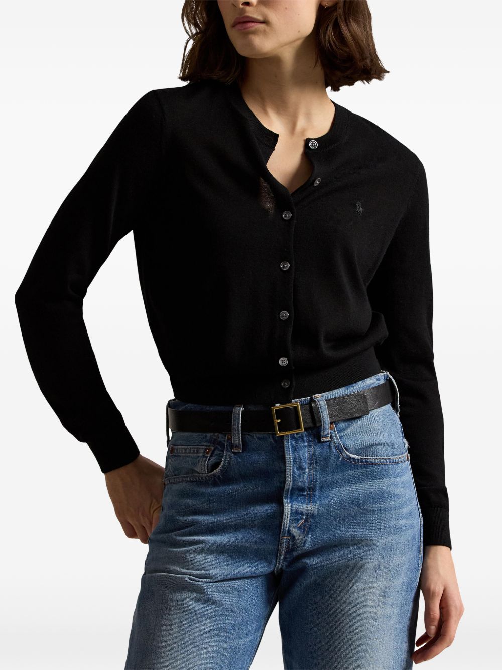 POLO RALPH LAUREN Cardigan nero in lana con bottoni e logo ricamato