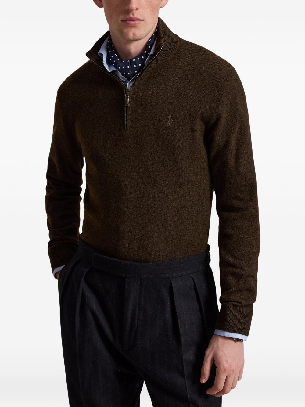 POLO RALPH LAUREN Maglia in lana marrone con zip sul collo
