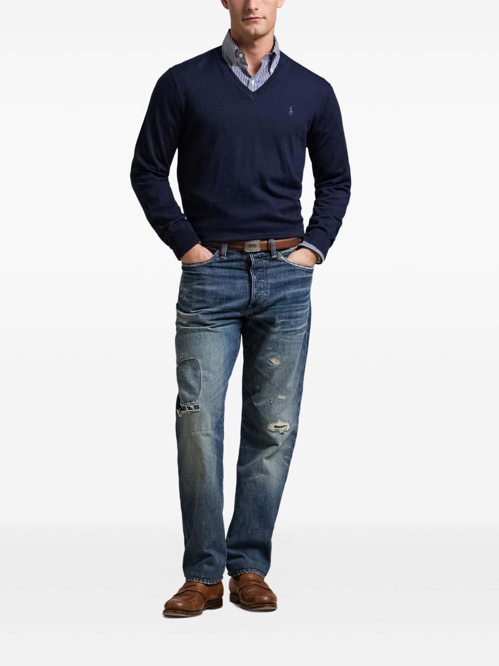 POLO RALPH LAUREN Maglia in lana blu con scollo a V e logo ricamato sul petto