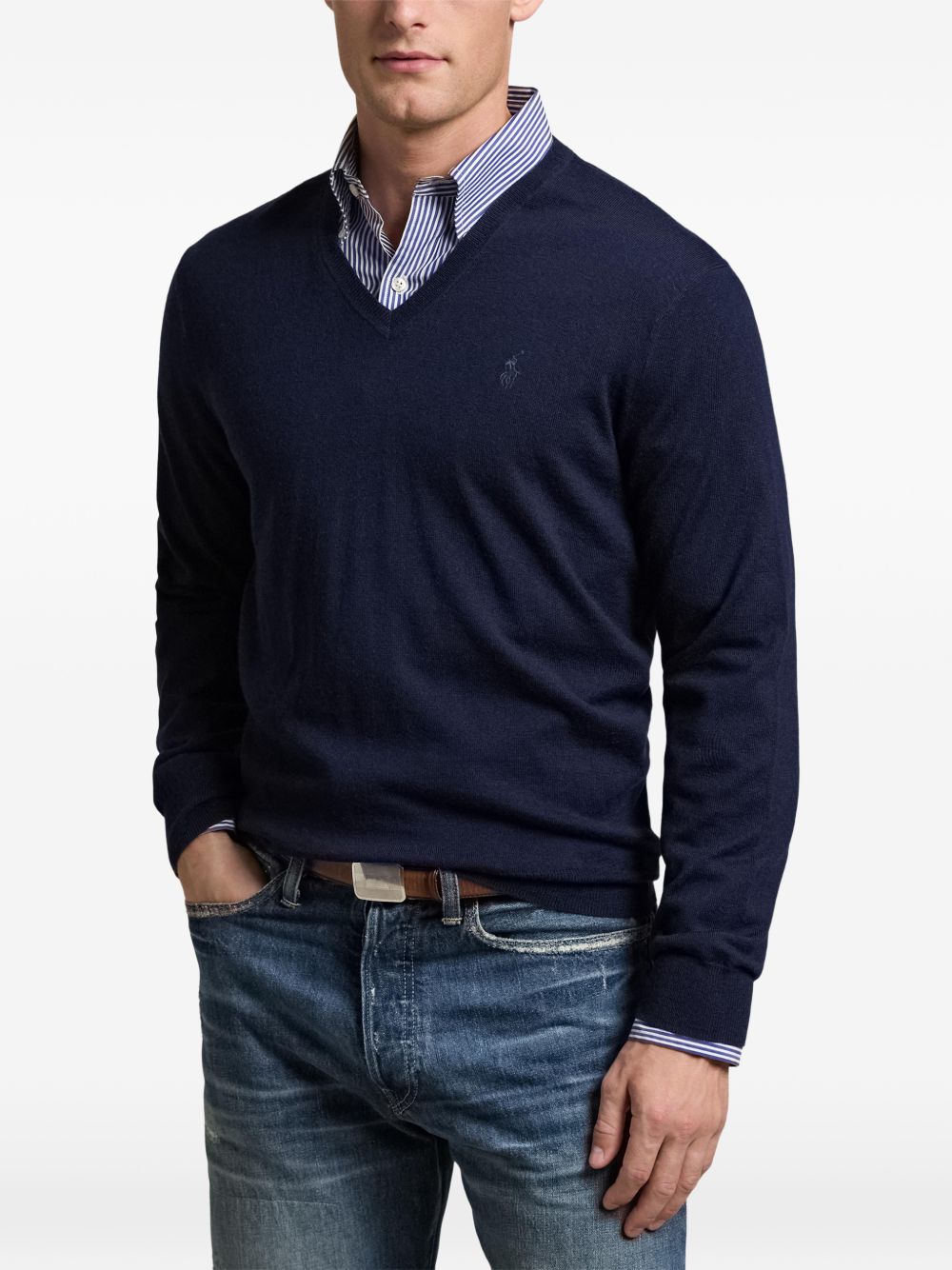 POLO RALPH LAUREN Maglia in lana blu con scollo a V e logo ricamato sul petto