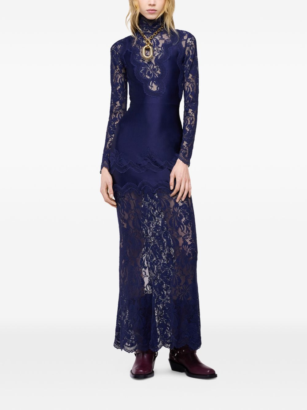 RABANNE Abito lungo elegante blu viola con ricami e pizzo
