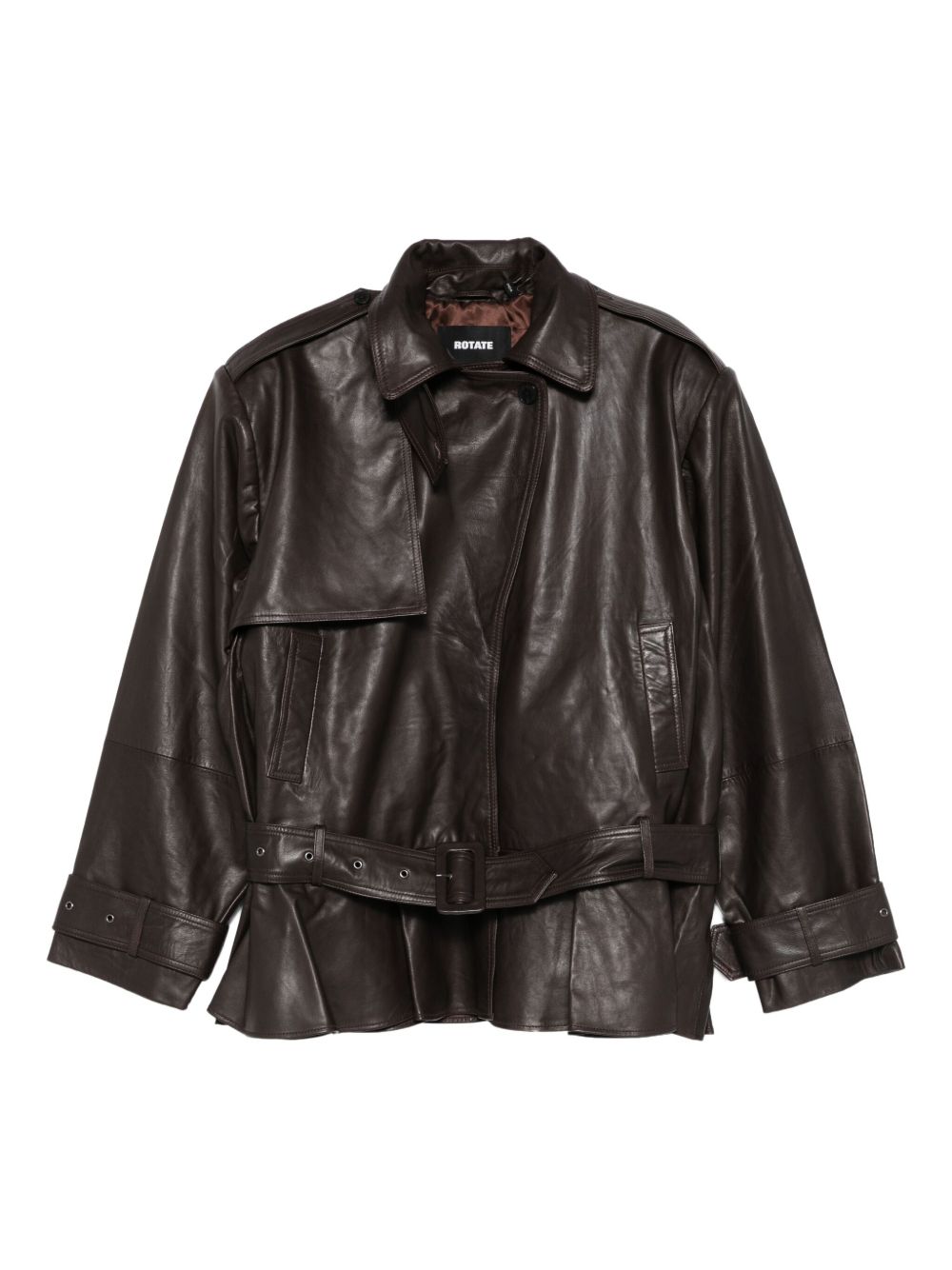 ROTATE Giacca biker in pelle di agnello marrone scuro con cintura