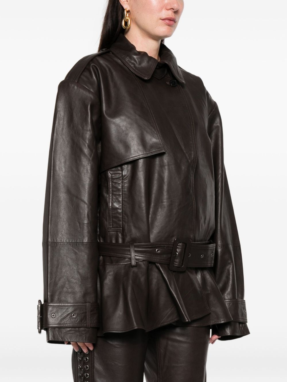 ROTATE Giacca biker in pelle di agnello marrone scuro con cintura