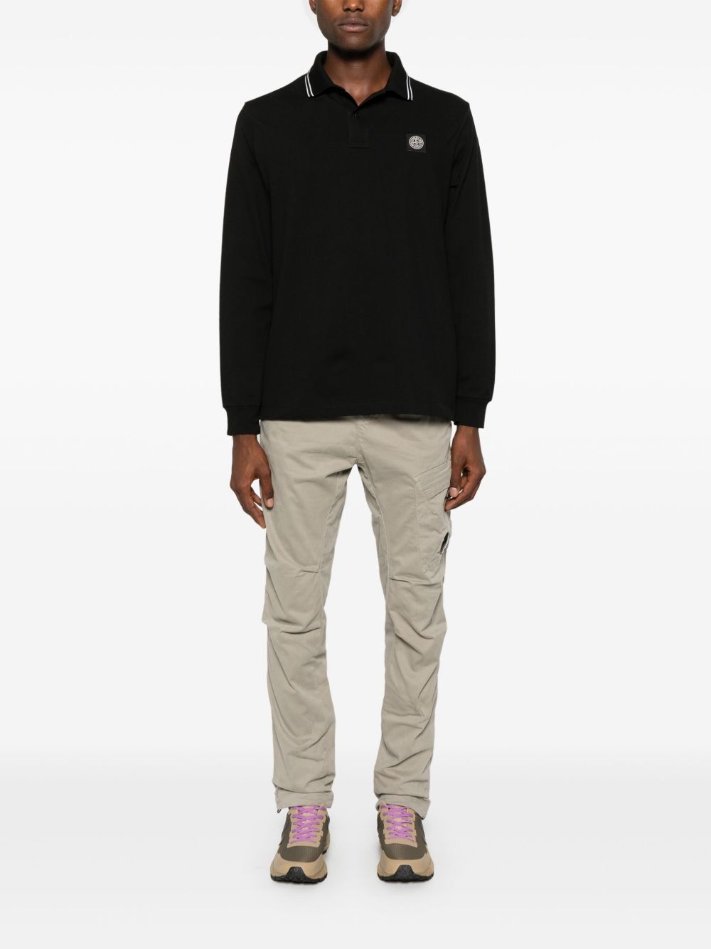 STONE ISLAND Polo nera a maniche lunghe in cotone elasticizzato con dettagli a contrasto