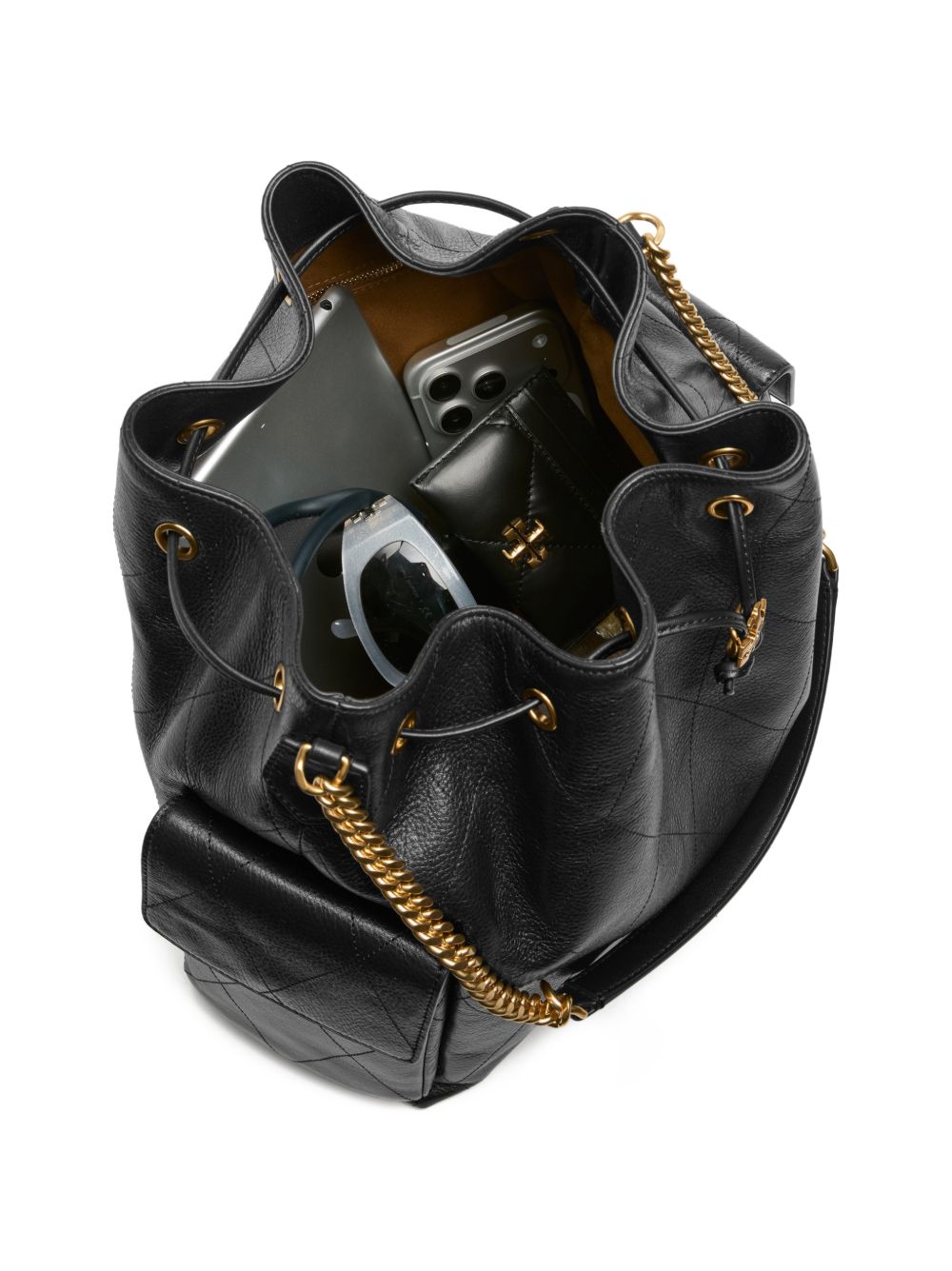 TORY BURCH Borsa a spalla Charlie grande trapuntata in pelle martellata con catena