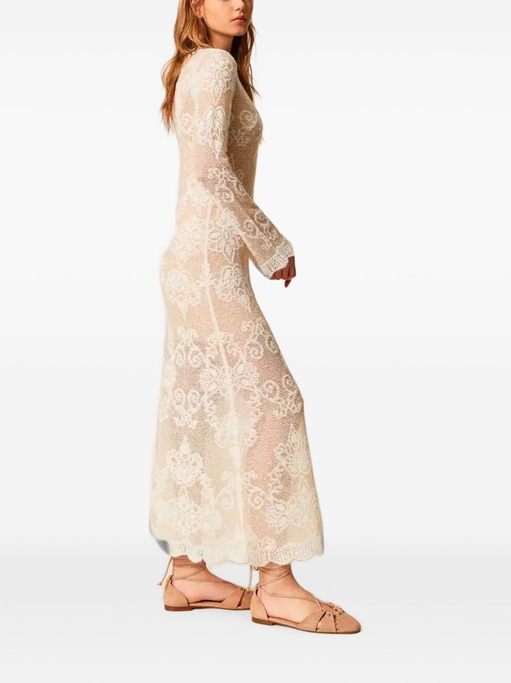 TWINSET Abito lungo color sabbia con pizzo e sottoveste nude