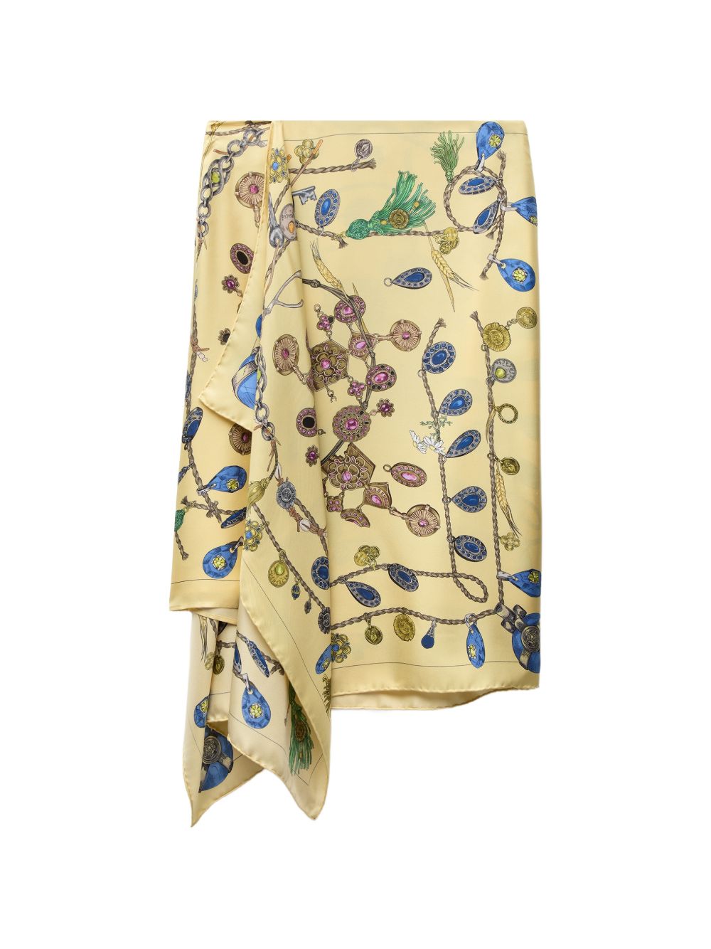VERSACE Gonna midi in seta Broken Jewels gialla con stampa gioielli multicolor