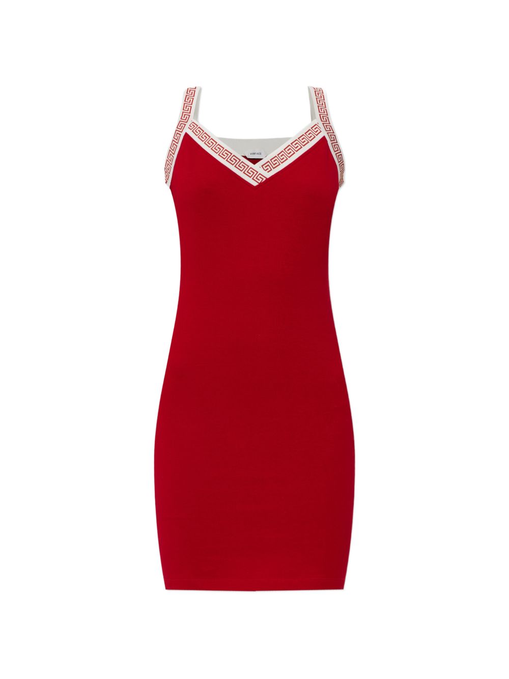 VERSACE Abito mini aderente rosso con dettagli geometrici Greca