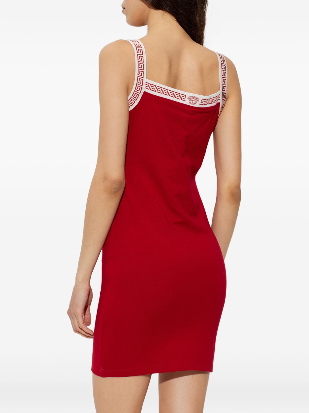 VERSACE Abito mini aderente rosso con dettagli geometrici Greca