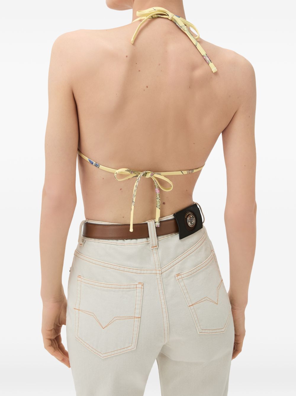VERSACE Top bikini triangolo giallo con stampa gioielli multicolor