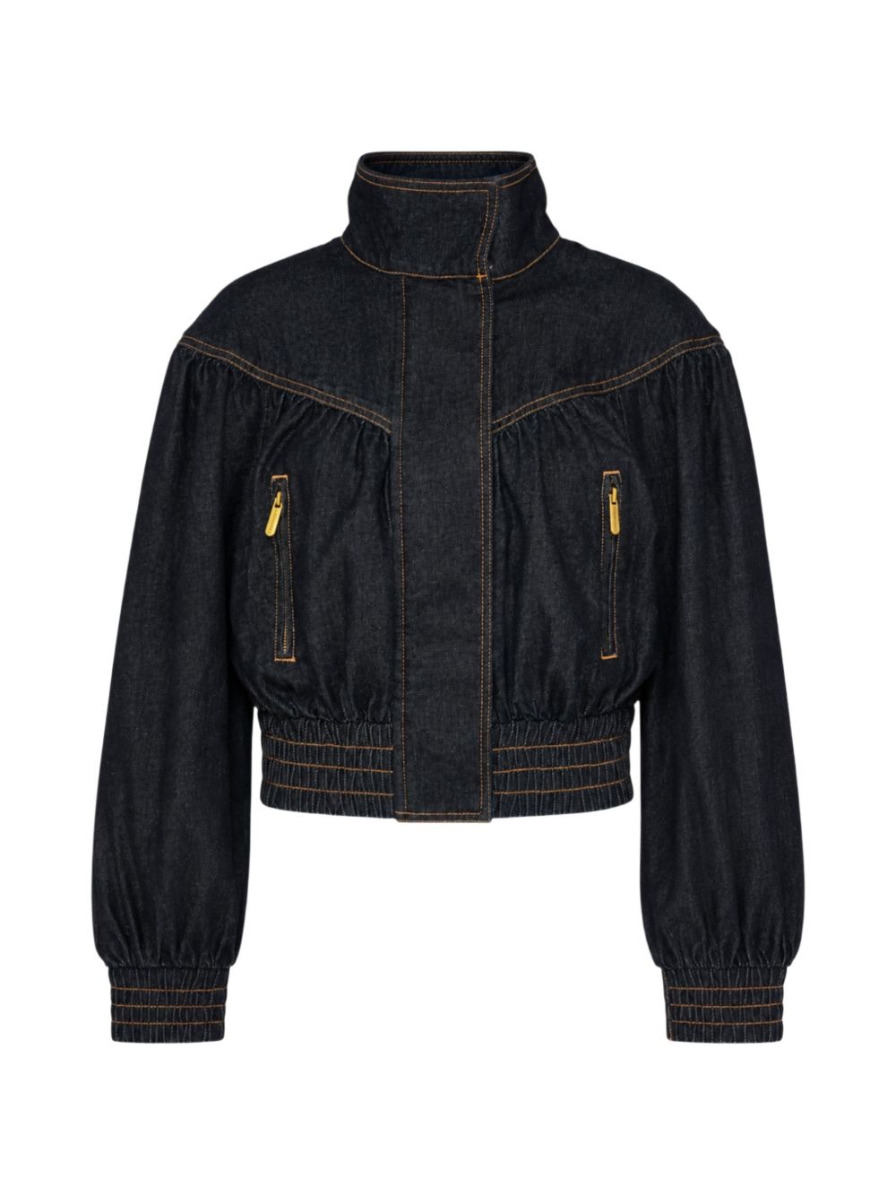 ZIMMERMANN Bomber cropped in denim Onyx Blue con collo foulard