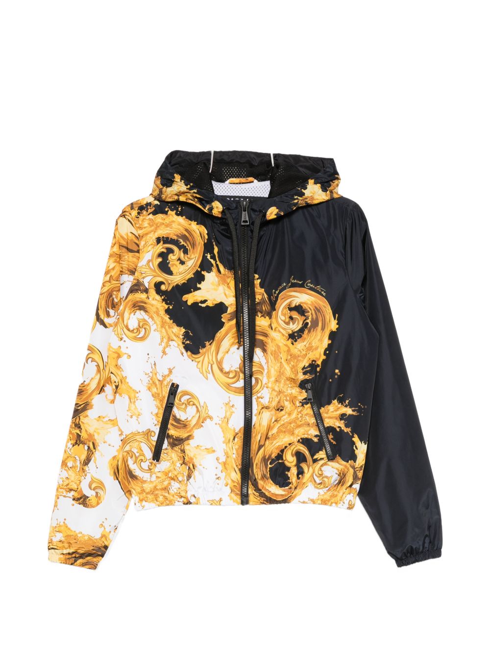 VERSACE JEANS COUTURE Giacca nera e bianca con stampa barocca e cappuccio