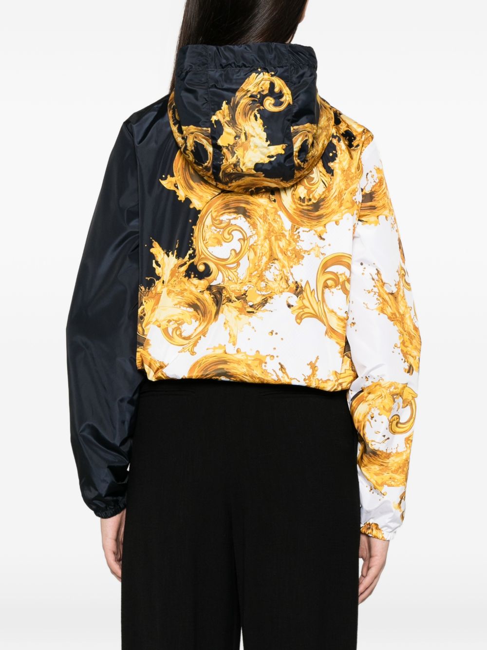 VERSACE JEANS COUTURE Giacca nera e bianca con stampa barocca e cappuccio