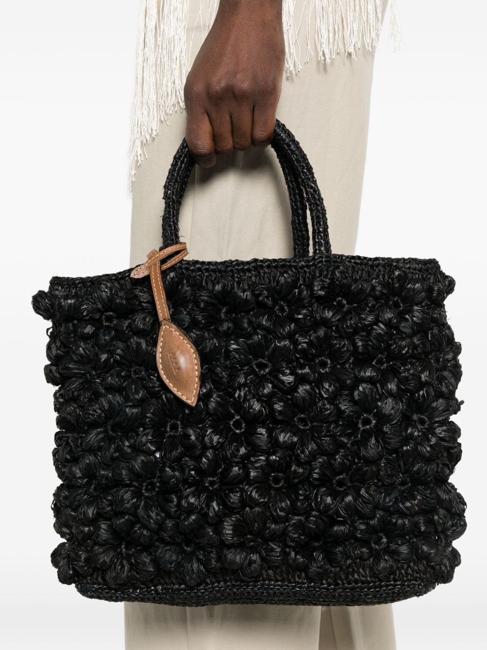 AFAR Borsa a mano Flower in rafia nera