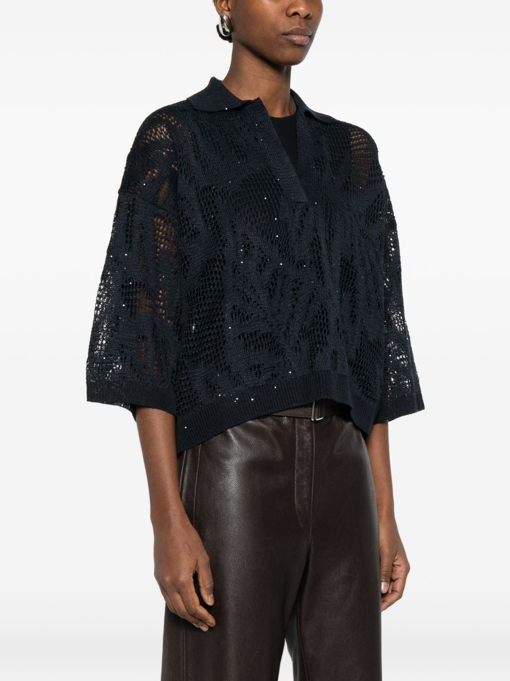 BRUNELLO CUCINELLI Blusa traforata in cotone blu scuro con scollo a V
