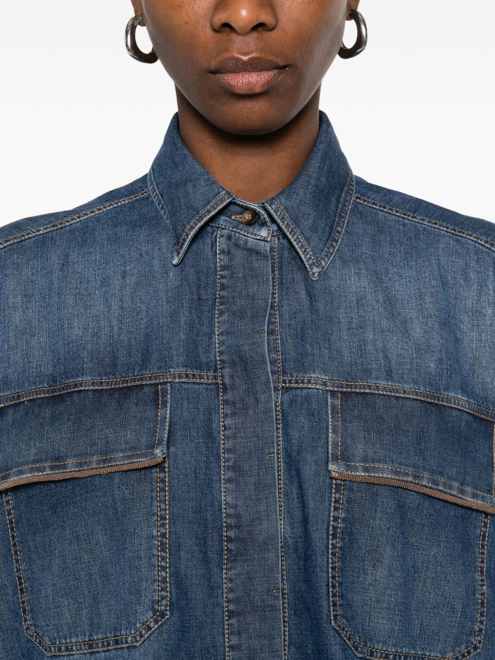 BRUNELLO CUCINELLI Camicia in denim blu scuro a maniche corte