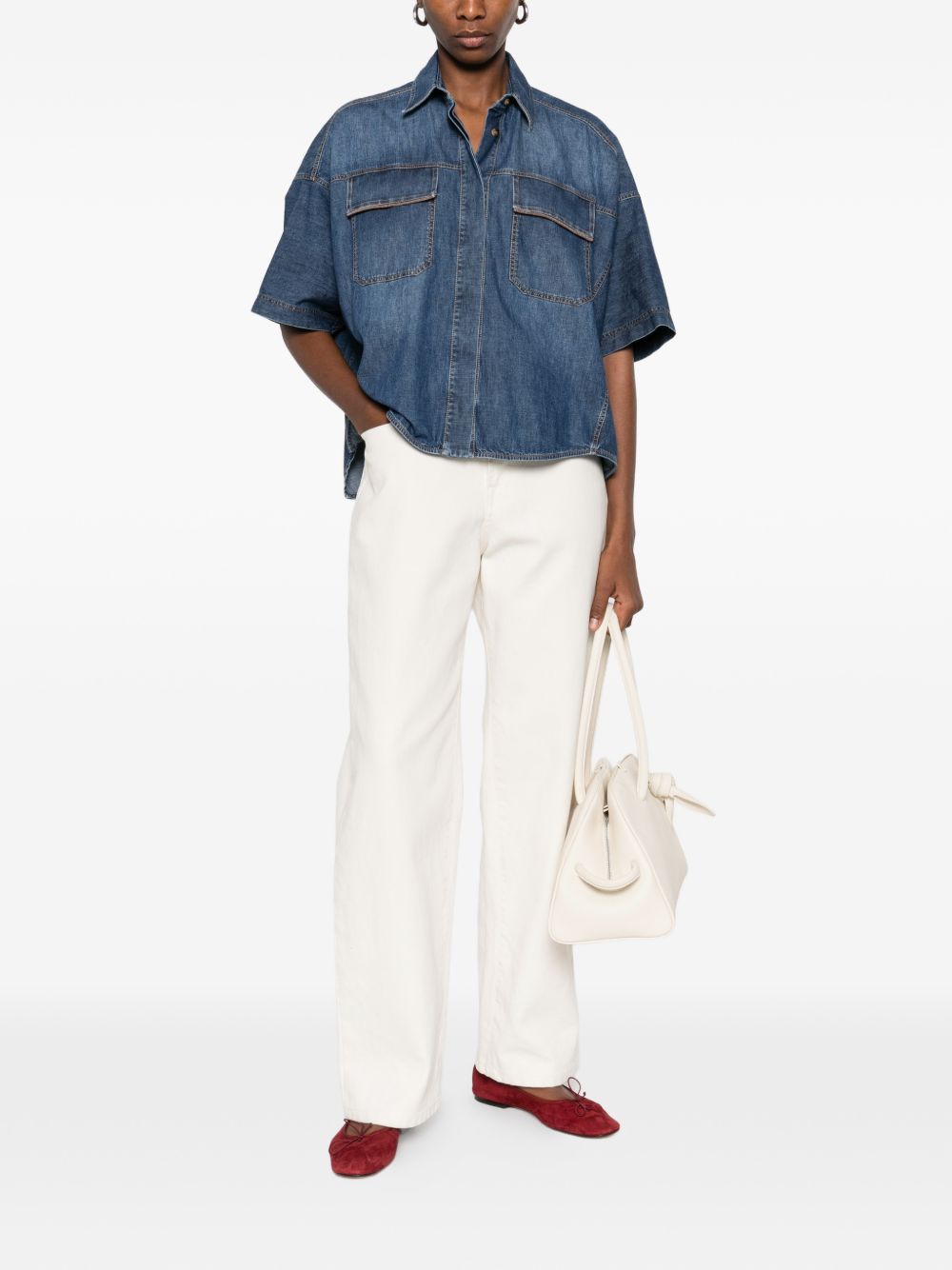 BRUNELLO CUCINELLI Camicia in denim blu scuro a maniche corte