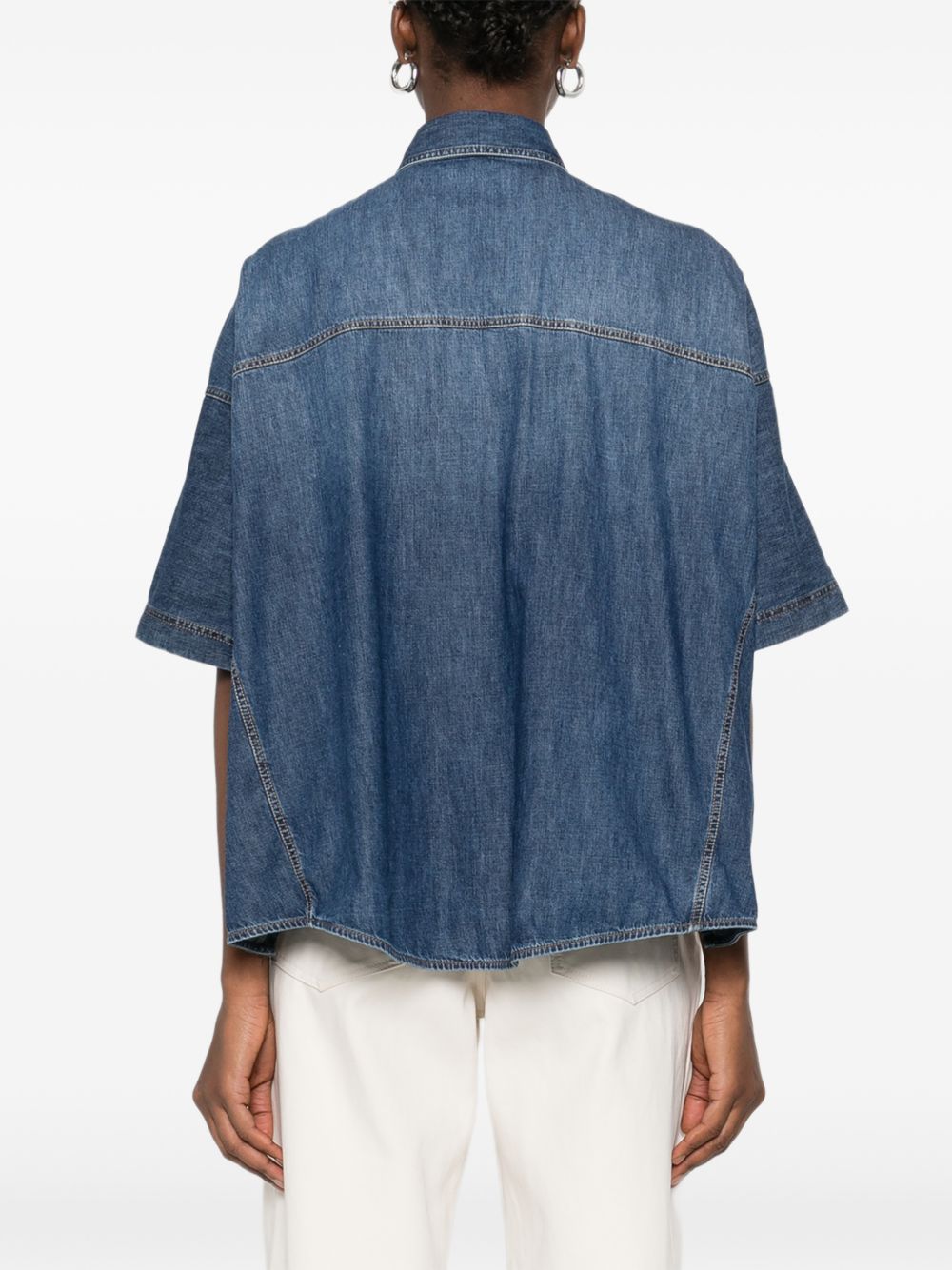 BRUNELLO CUCINELLI Camicia in denim blu scuro a maniche corte