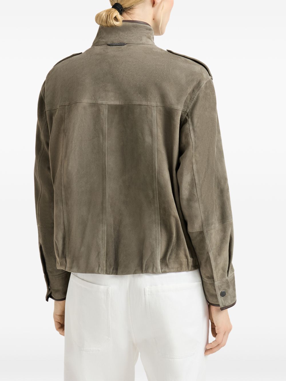 BRUNELLO CUCINELLI Giacca verde in suede con zip e bottoni