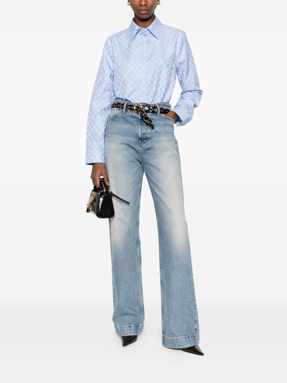 CASABLANCA Camicia svasata in cotone celeste con logo bianco all-over