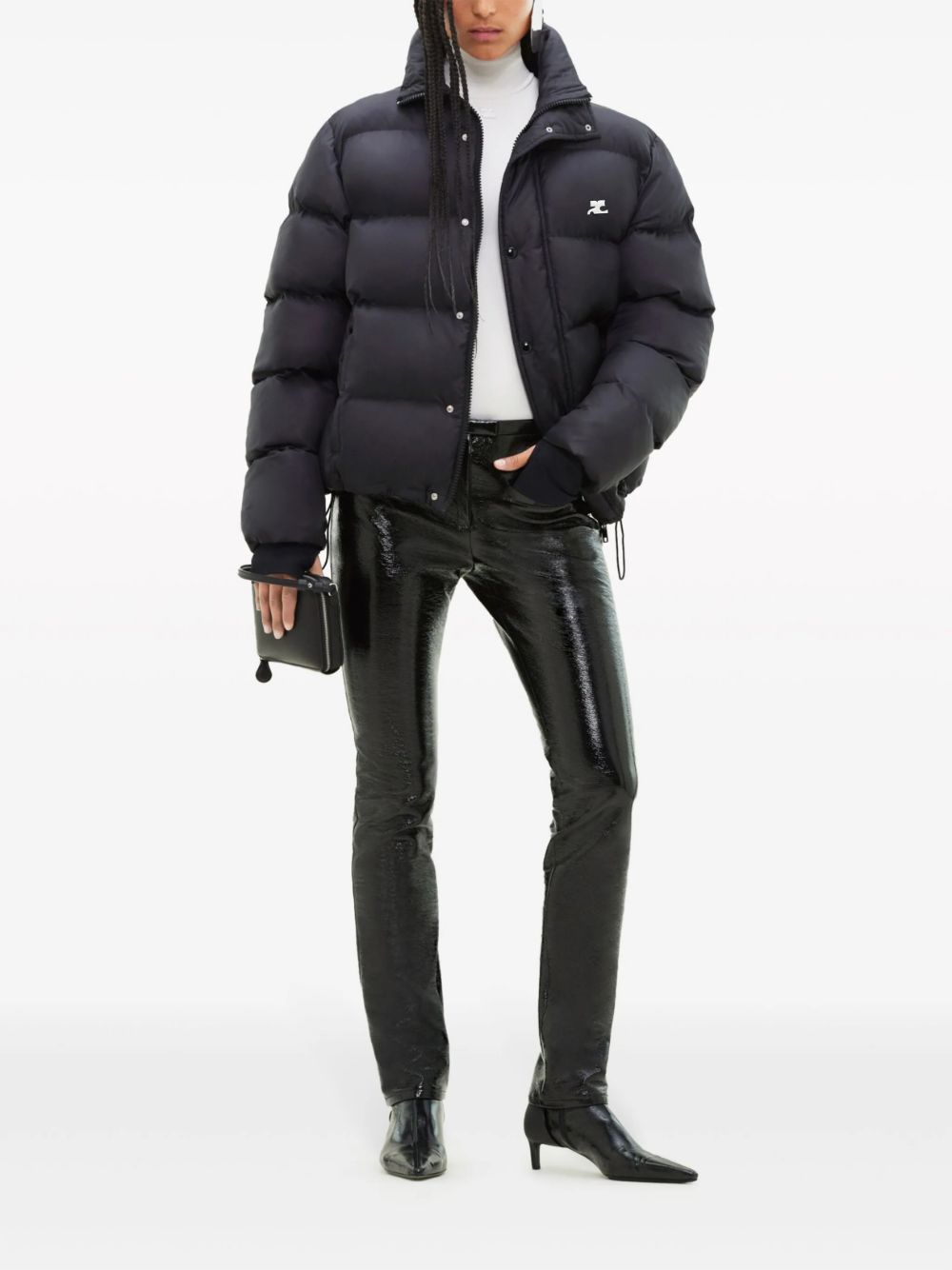 COURREGES Piumino nero con coulisse in vita e tasche laterali