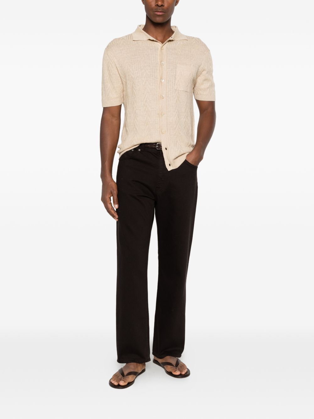 DANIELE FIESOLI Polo in cotone beige a maglia costine con colletto a punte