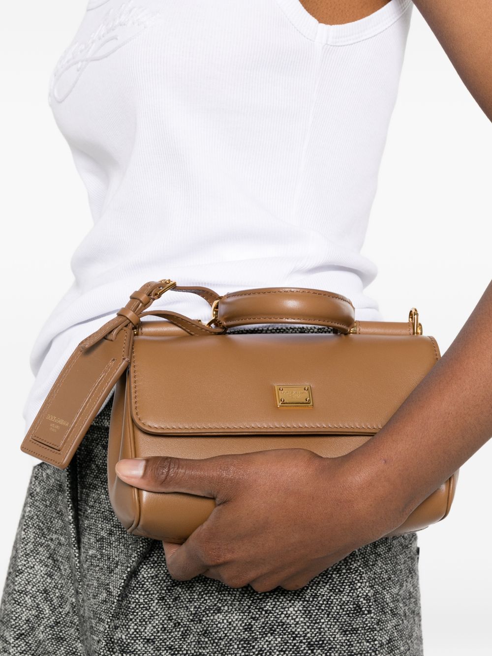 DOLCE e GABBANA Borsa a mano Sicily piccola in pelle marrone