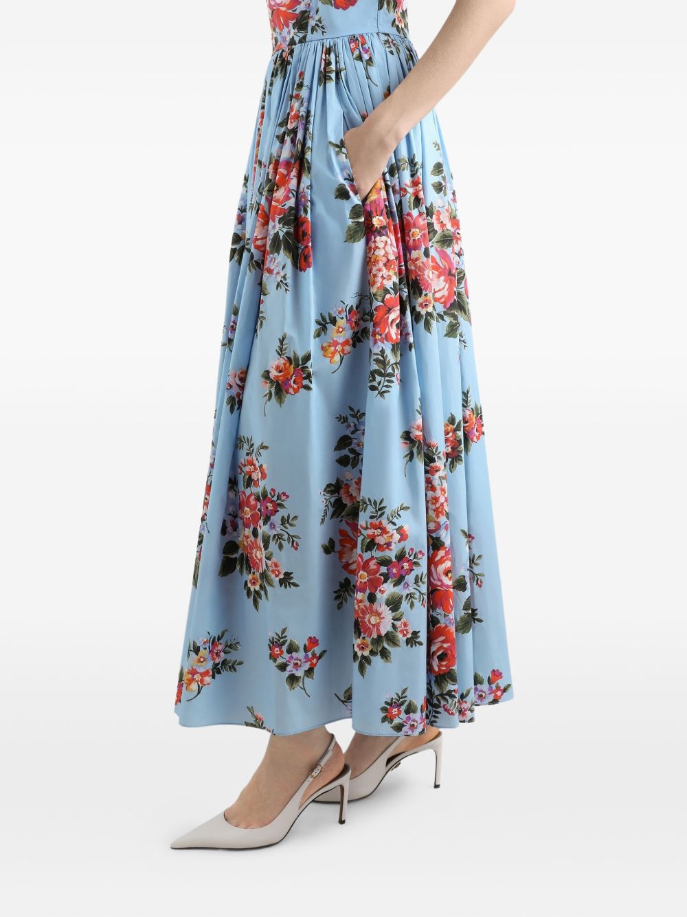 DOLCE e GABBANA Abito lungo in cotone celeste con stampa floreale