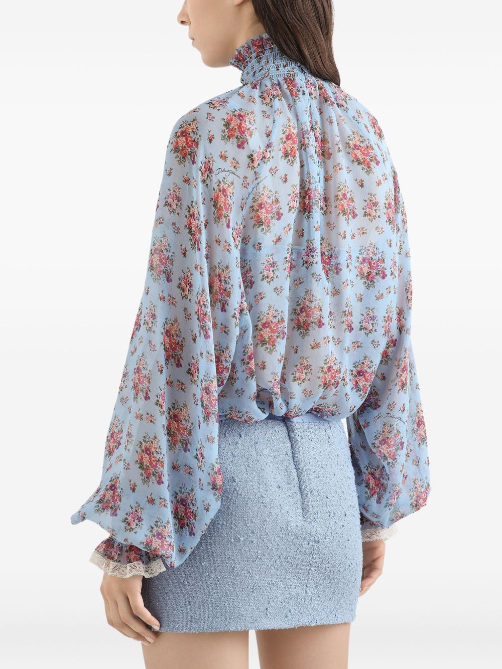 DOLCE e GABBANA Blusa in cotone azzurro con stampa floreale e collo alto