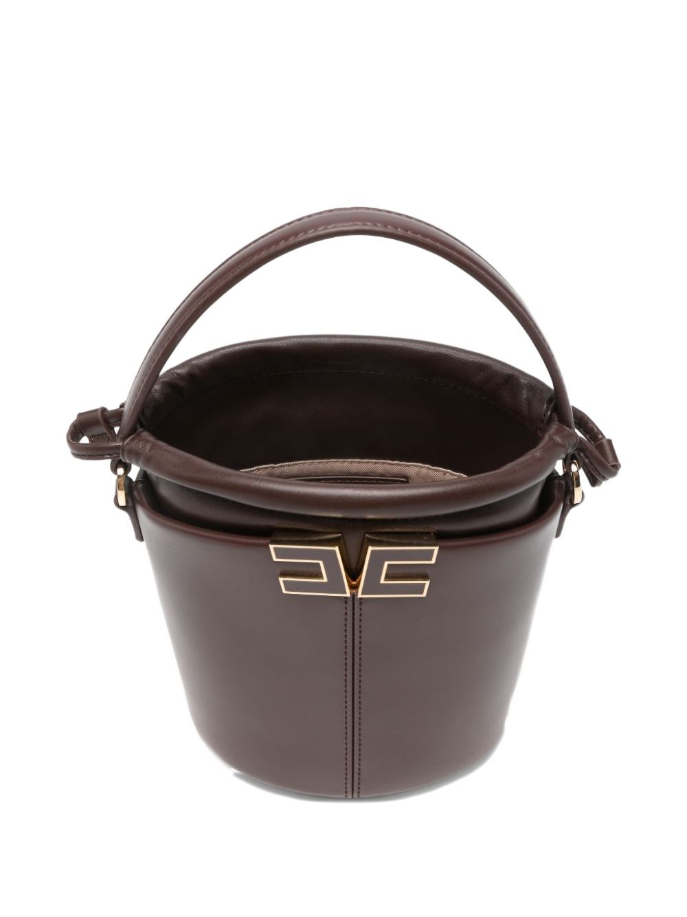 ELISABETTA FRANCHI Borsa a secchiello in pelle marrone con logo e tracolla