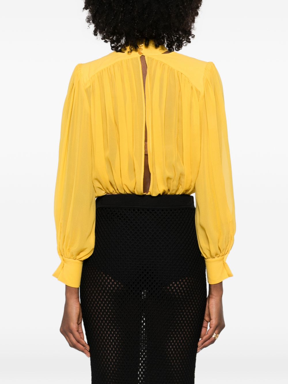 ELISABETTA FRANCHI Body in seta giallo sole con dettaglio plissettato e fiocco al collo