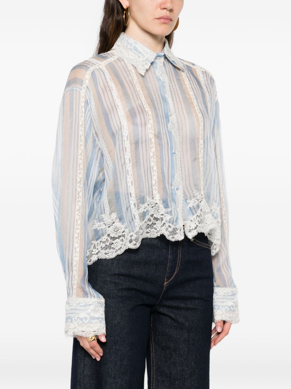 ERMANNO SCERVINO Camicia celeste a righe con pizzo bianco