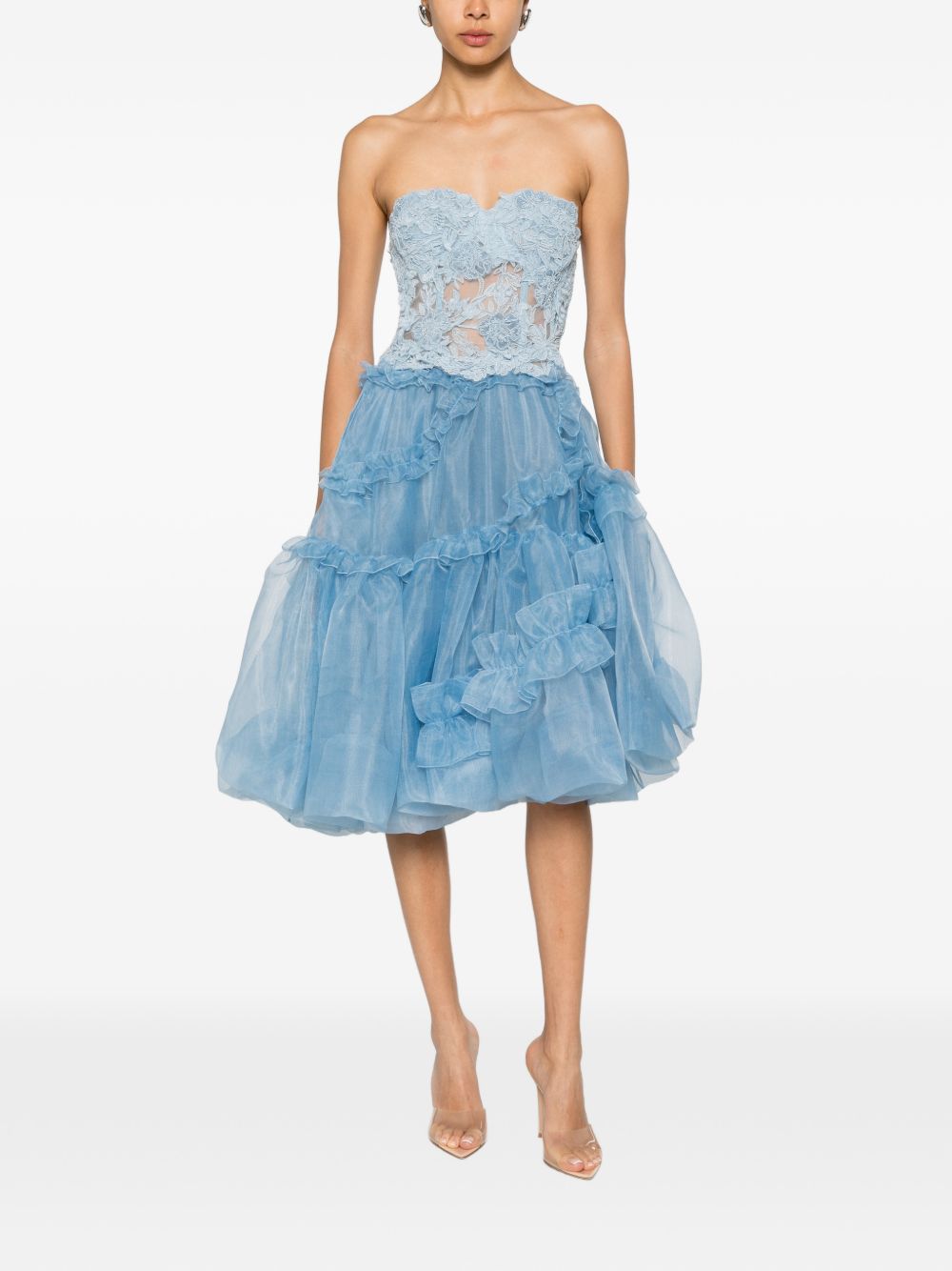 ERMANNO SCERVINO Corpetto senza spalline con ricami in pizzo celeste