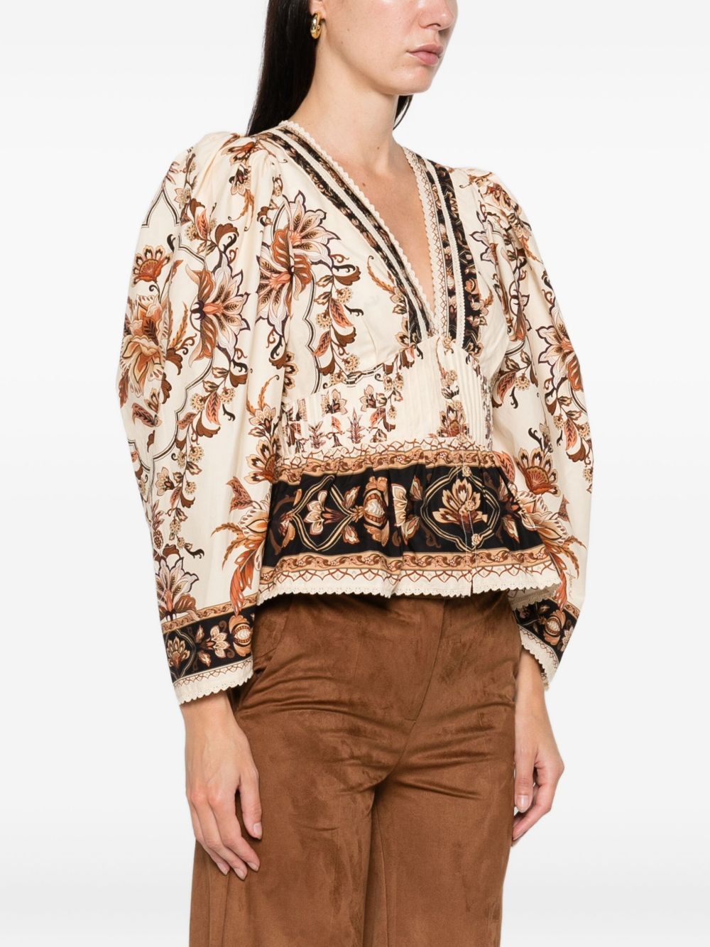 FARM RIO Blusa con stampa floreale in cotone beige