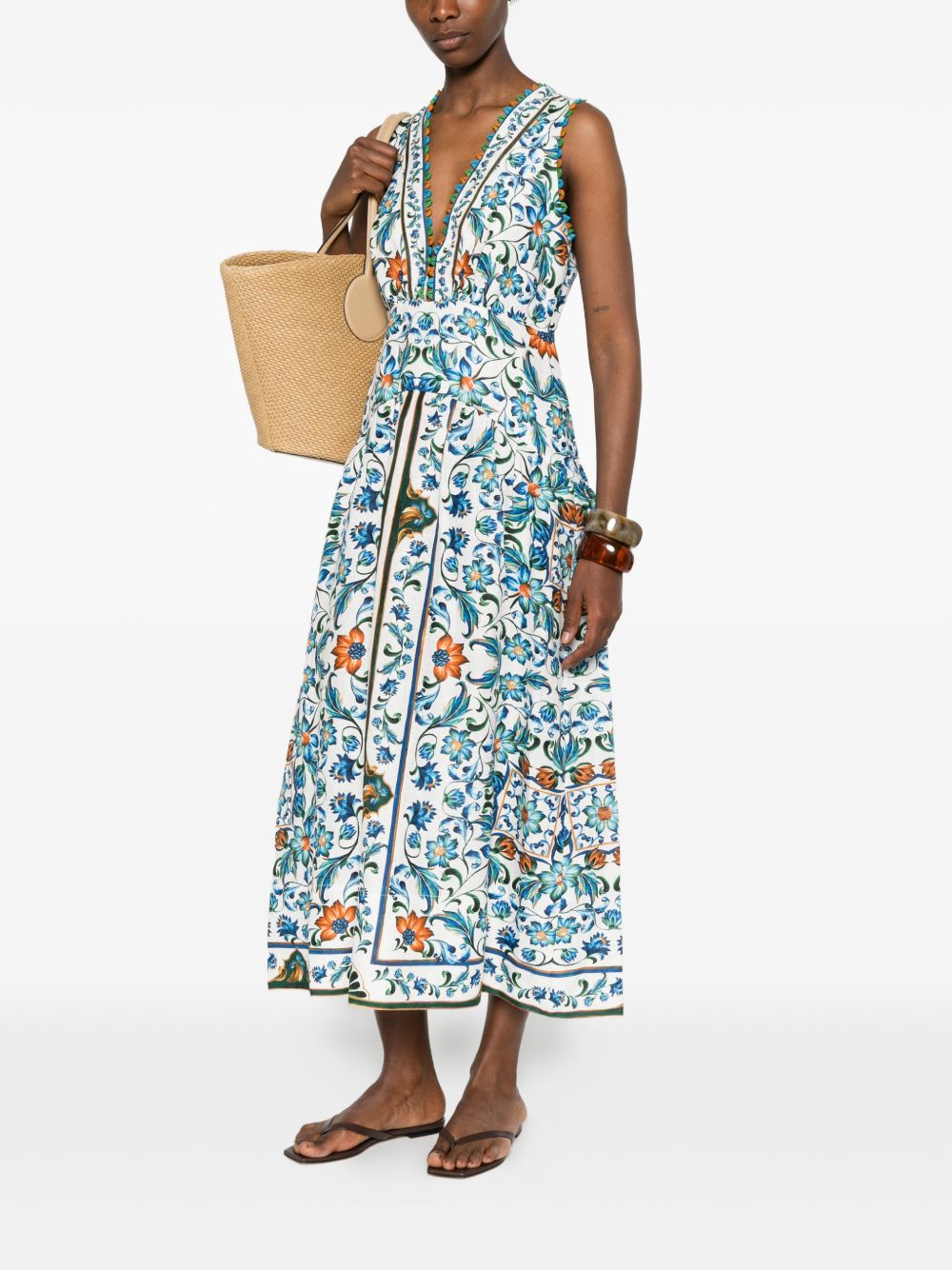FARM RIO Abito midi con stampa floreale e scollo a V