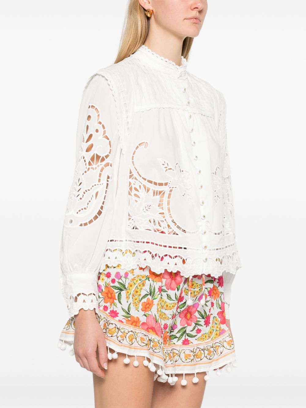 FARM RIO Blusa con ricami floreali in cotone bianco