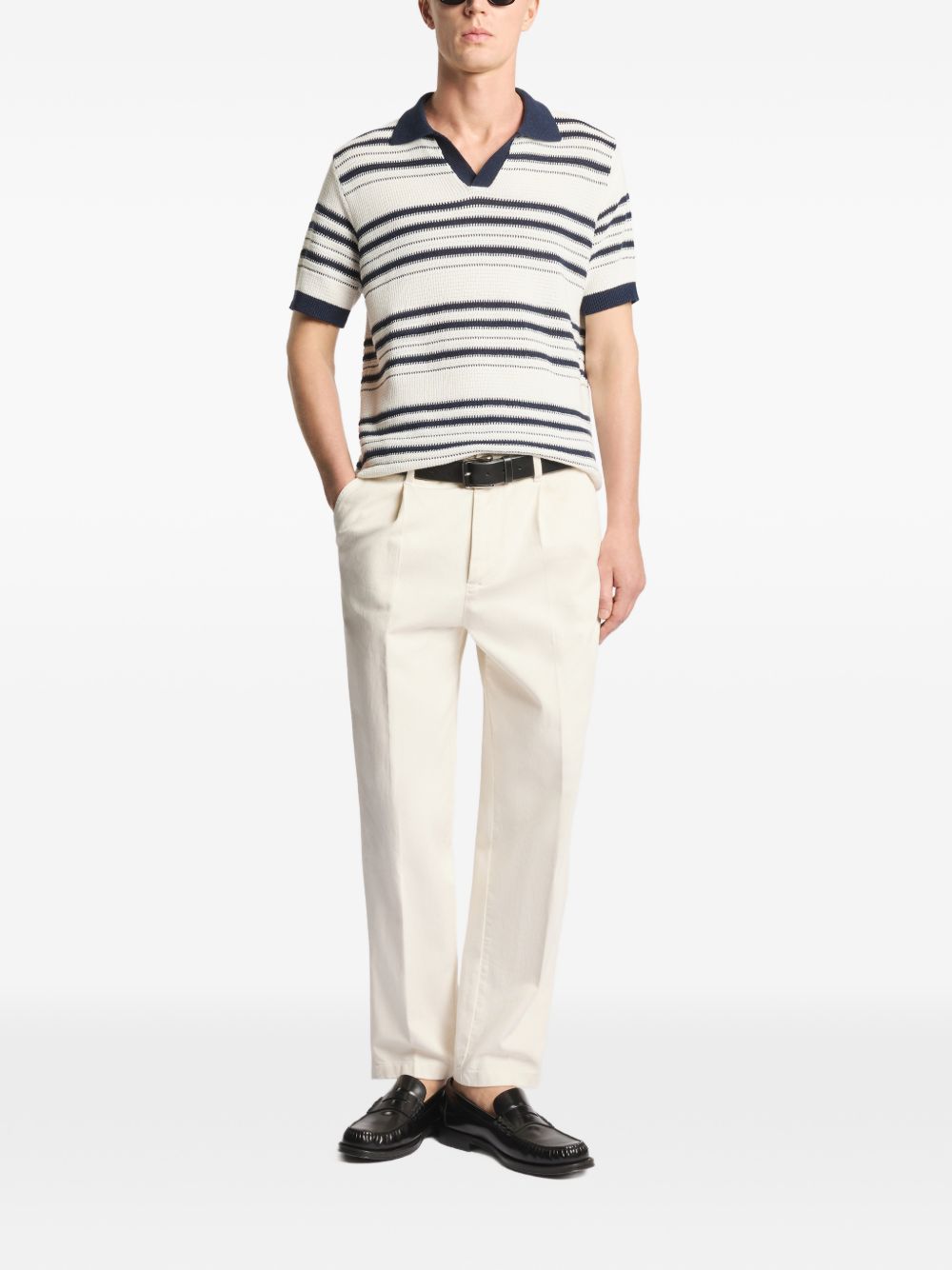 FAY Polo in maglia crema a righe con scollo a V