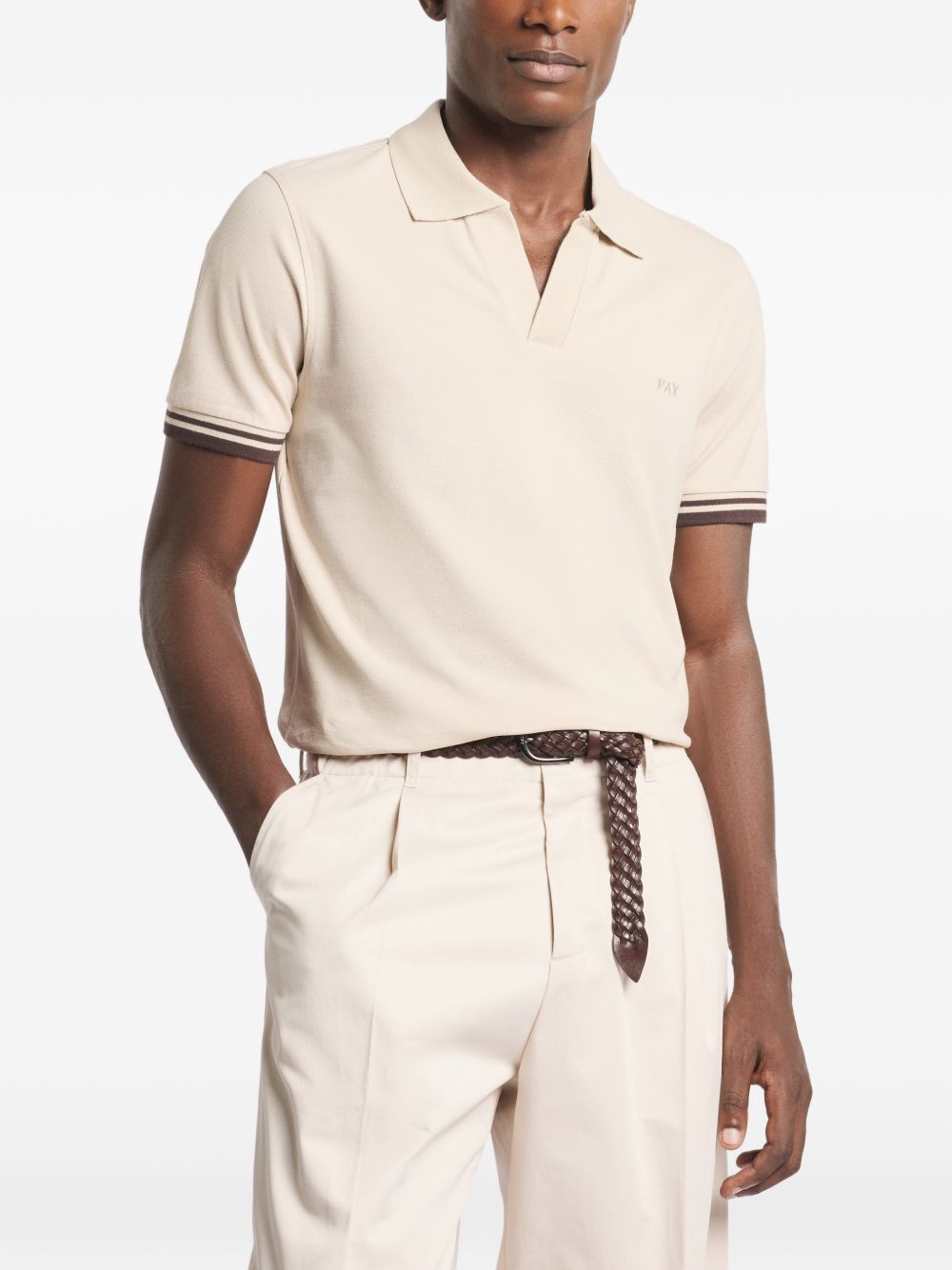 FAY Polo in cotone beige a righe con scollo a V