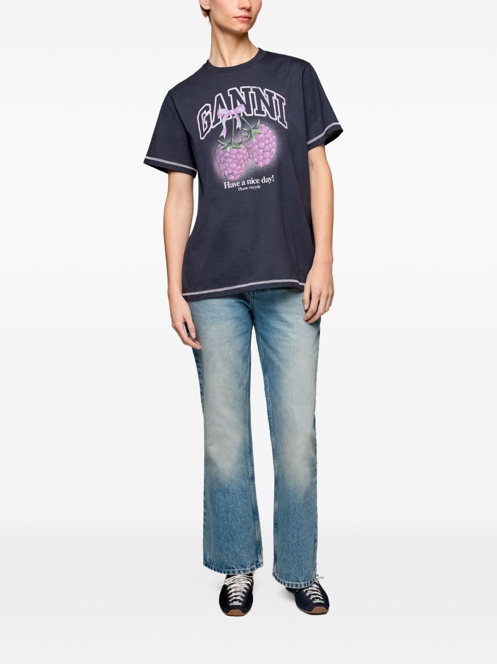 GANNI T-shirt in cotone blu con stampa