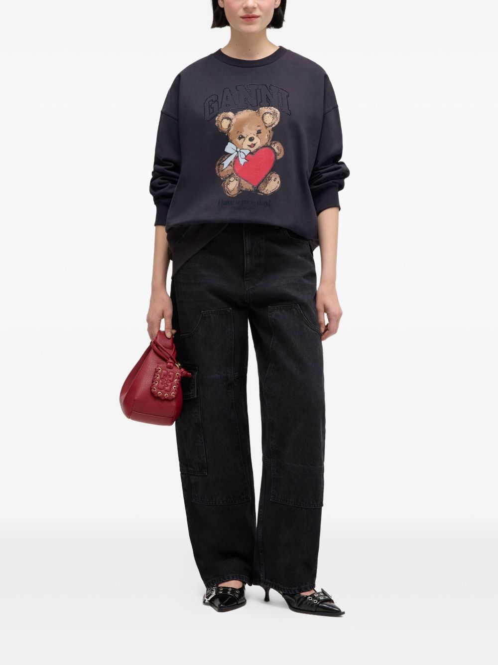 GANNI Felpa nera in cotone con stampa teddy