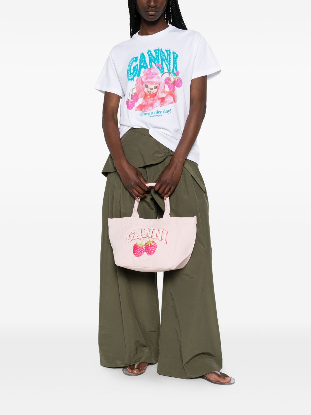 GANNI Borsa shopping rosa con logo e illustrazione grafica