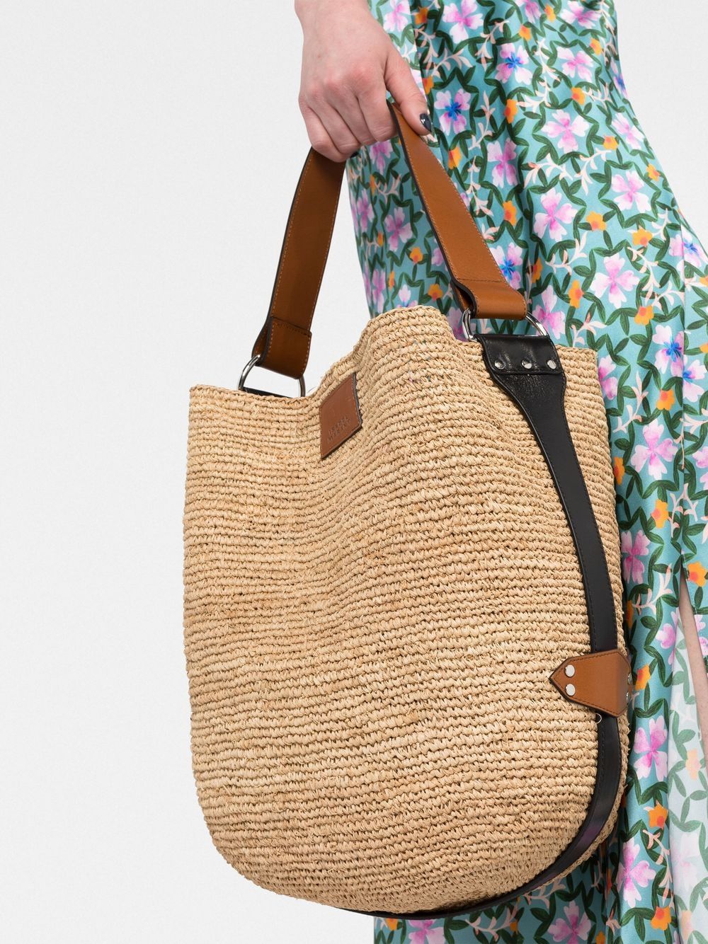 ISABEL MARANT Borsa Bayia a secchiello in rafia beige e pelle